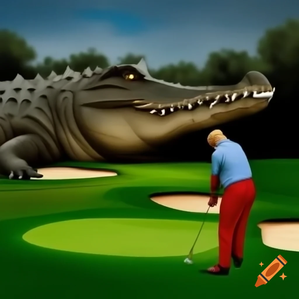 Satirical portrayal of a humorous scene with Trump golfing and an angry alligator chase