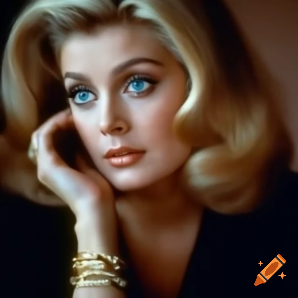 Hyper-realistic retro photo of a beautiful European Hollywood actress from 1963 with blue eyes and wavy blonde hair