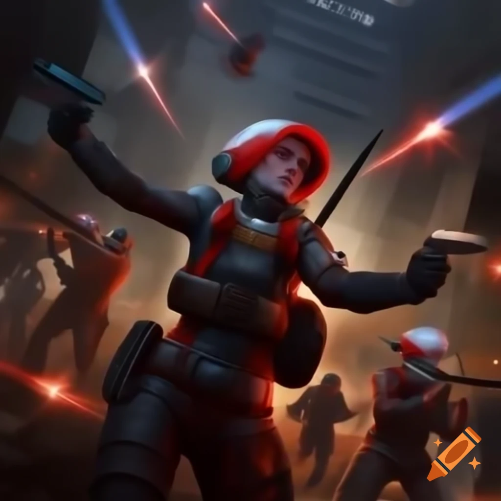 Chancellery Guards in futuristic uniforms in a victorious sci-fi battle scene