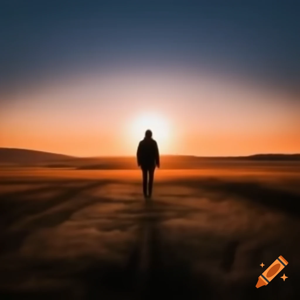 Peaceful sunrise landscape with soft light and a person walking along a quiet path