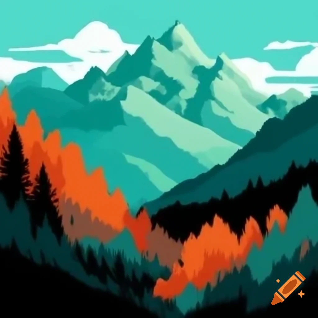 Mountains and trees in sage green, teal, turquoise, orange, and coral color scheme