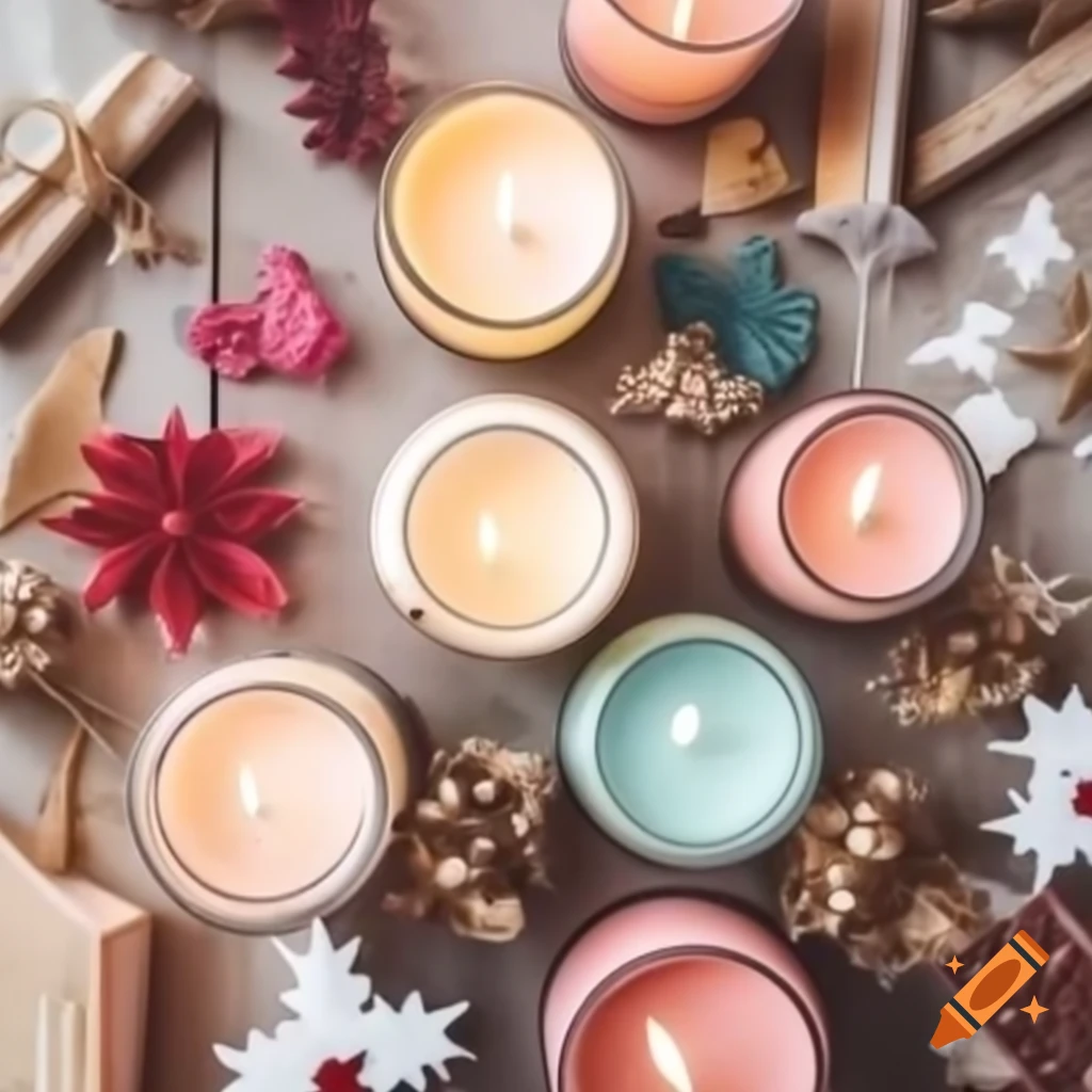 Top-down view of wooden table adorned for Christmas workshop with pastel candles and dried flower petals