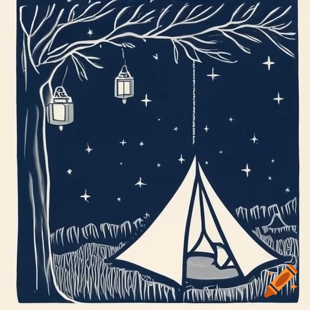 Linocut scene of starry campsite with lantern and deciduous trees
