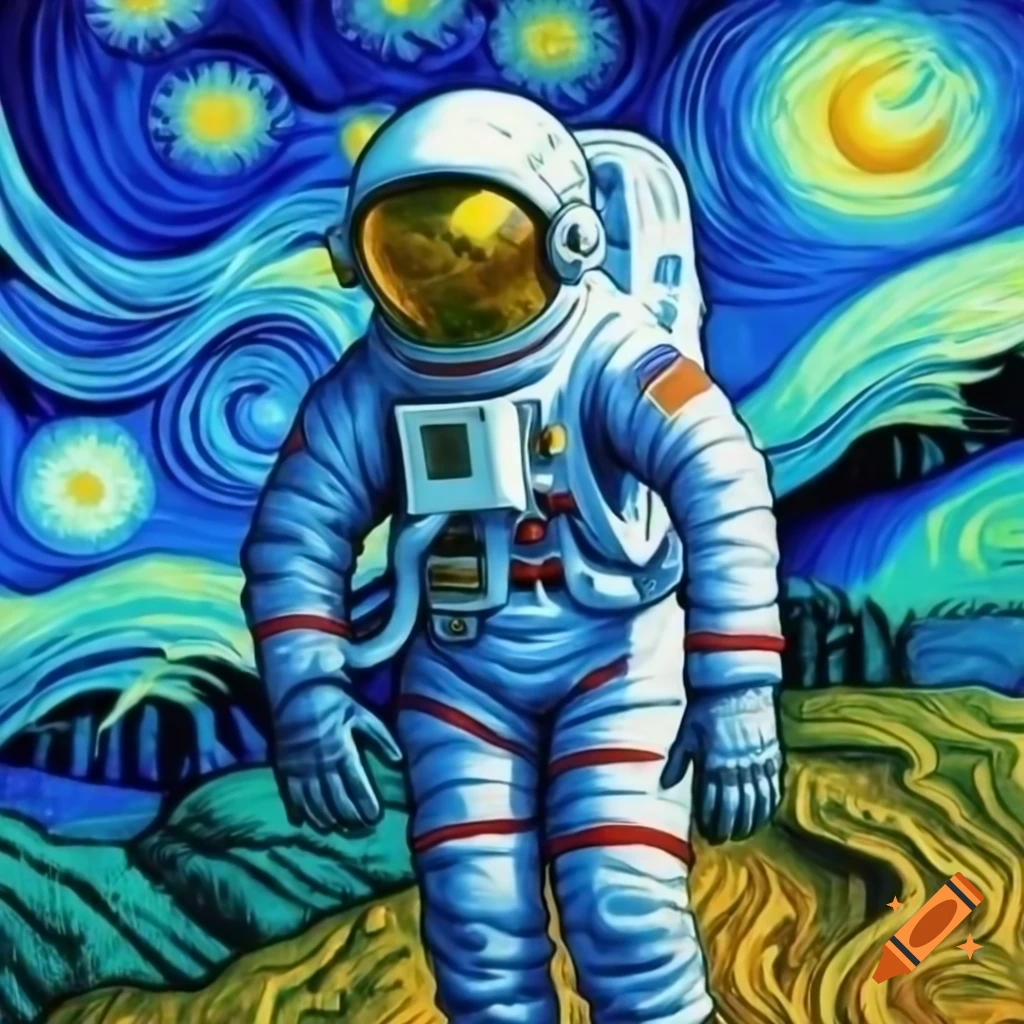 Unique astronaut interpretation in vibrant blue hues inspired by Van Gogh