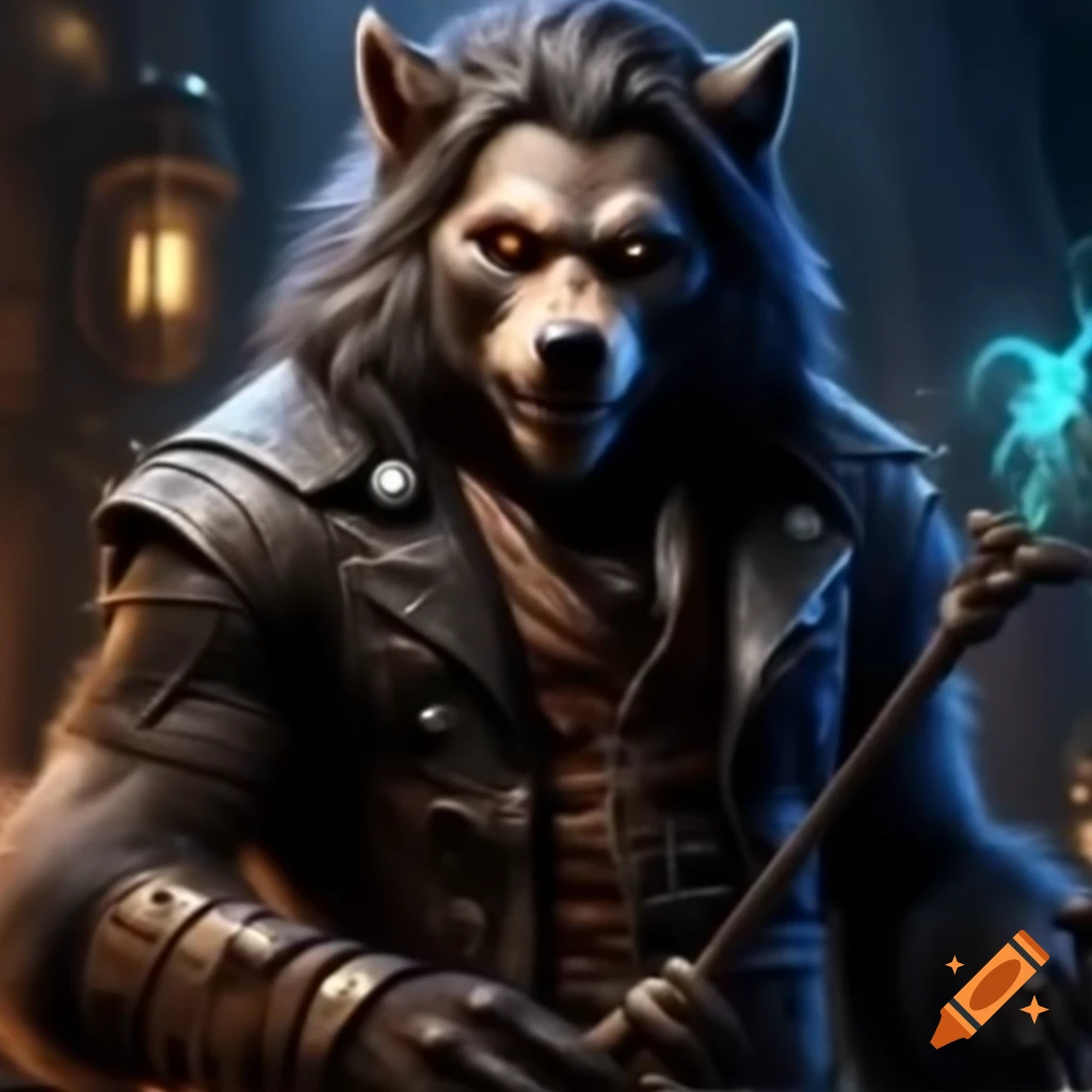 Werewolf in steampunk attire holding a magic wand