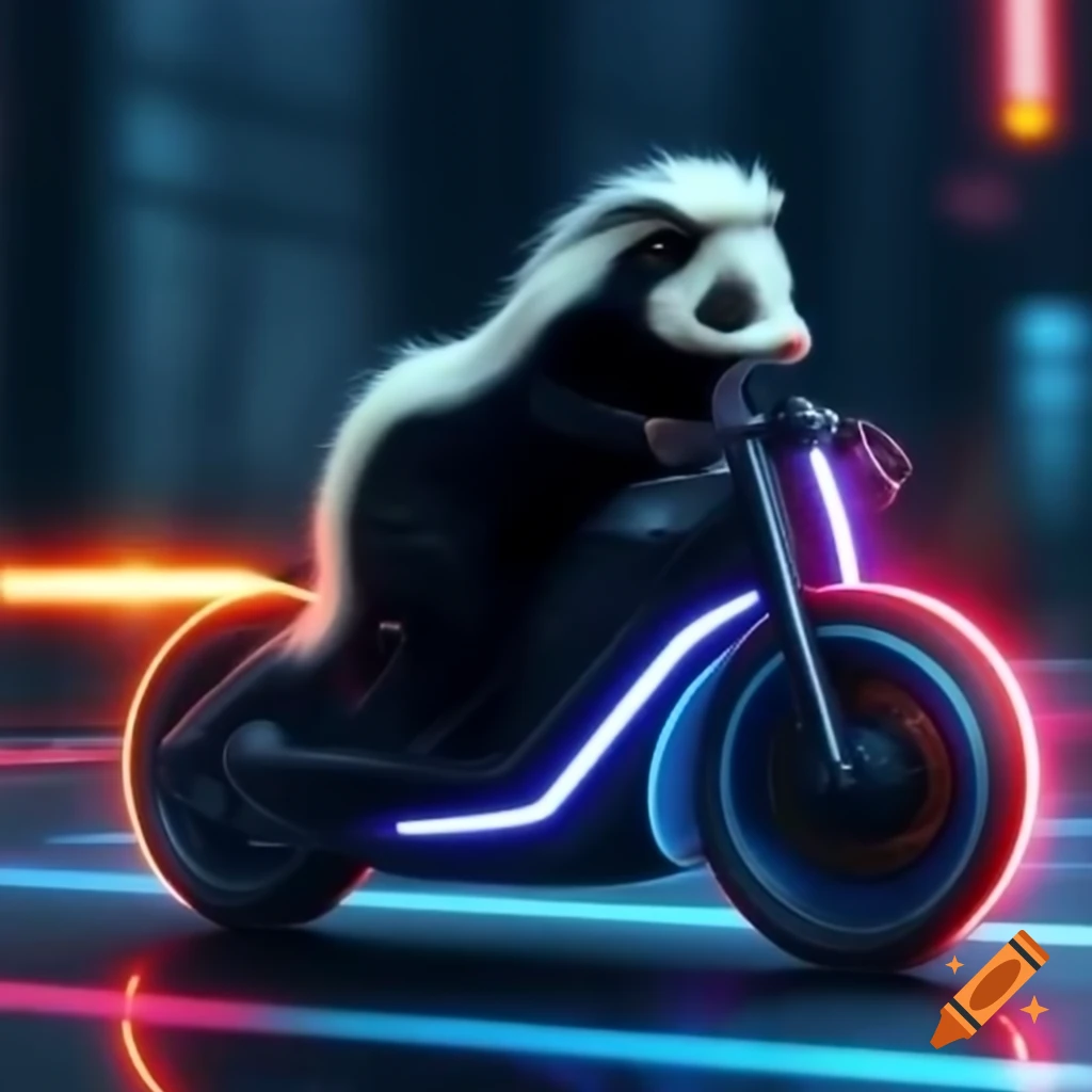 Skunk riding a futuristic Tron-style bike