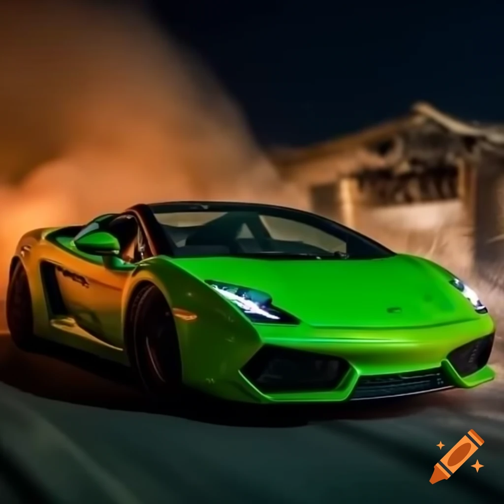 Lime green Lamborghini Gallardo speeding away from destroyed house at night