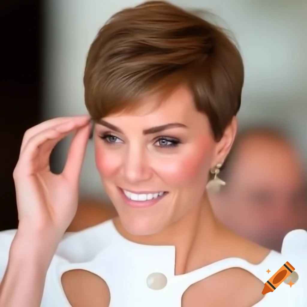 Catherine Middleton with pixie cut holding her cut long hair