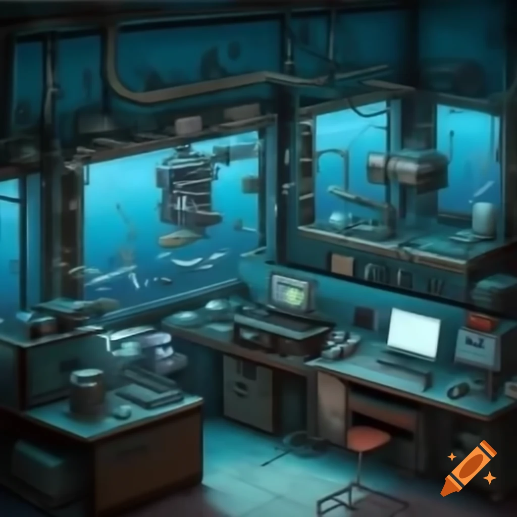 High-tech underwater lab with digital displays and malfunctioning equipment