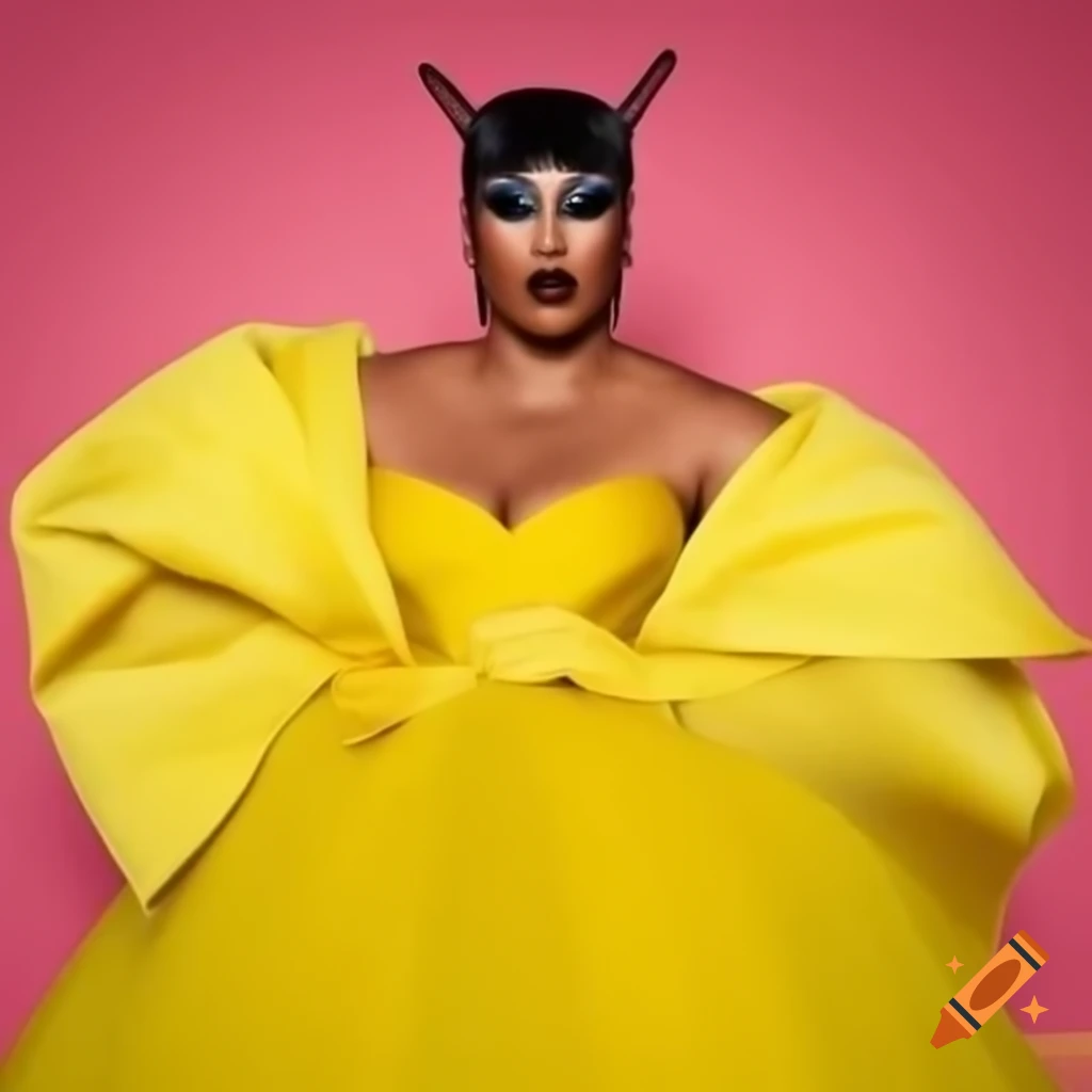 Bumble Bea's RuPaul's Drag Race promo look featuring yellow gown and sheer ivory cape