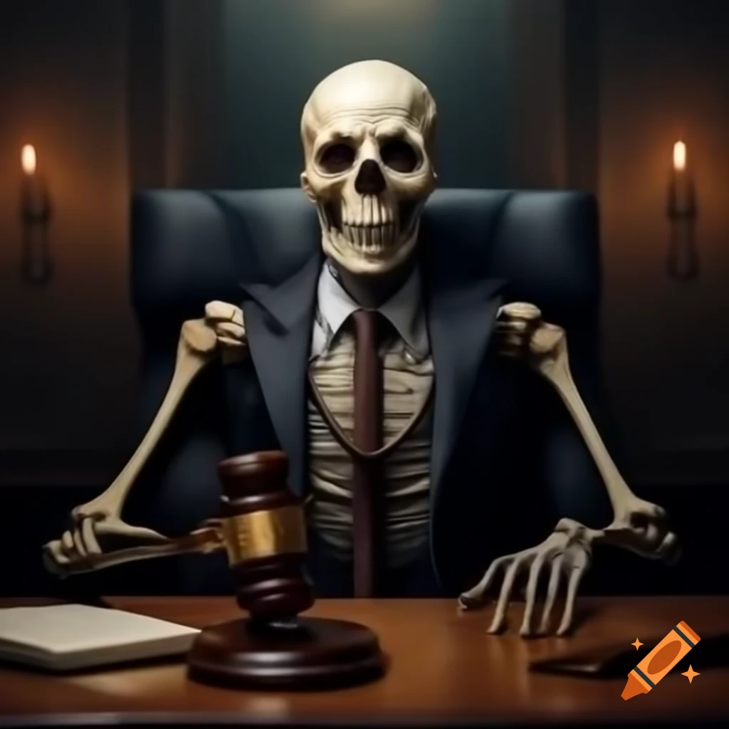 Skeleton in suit sitting at desk holding gavel with glowing red eyes