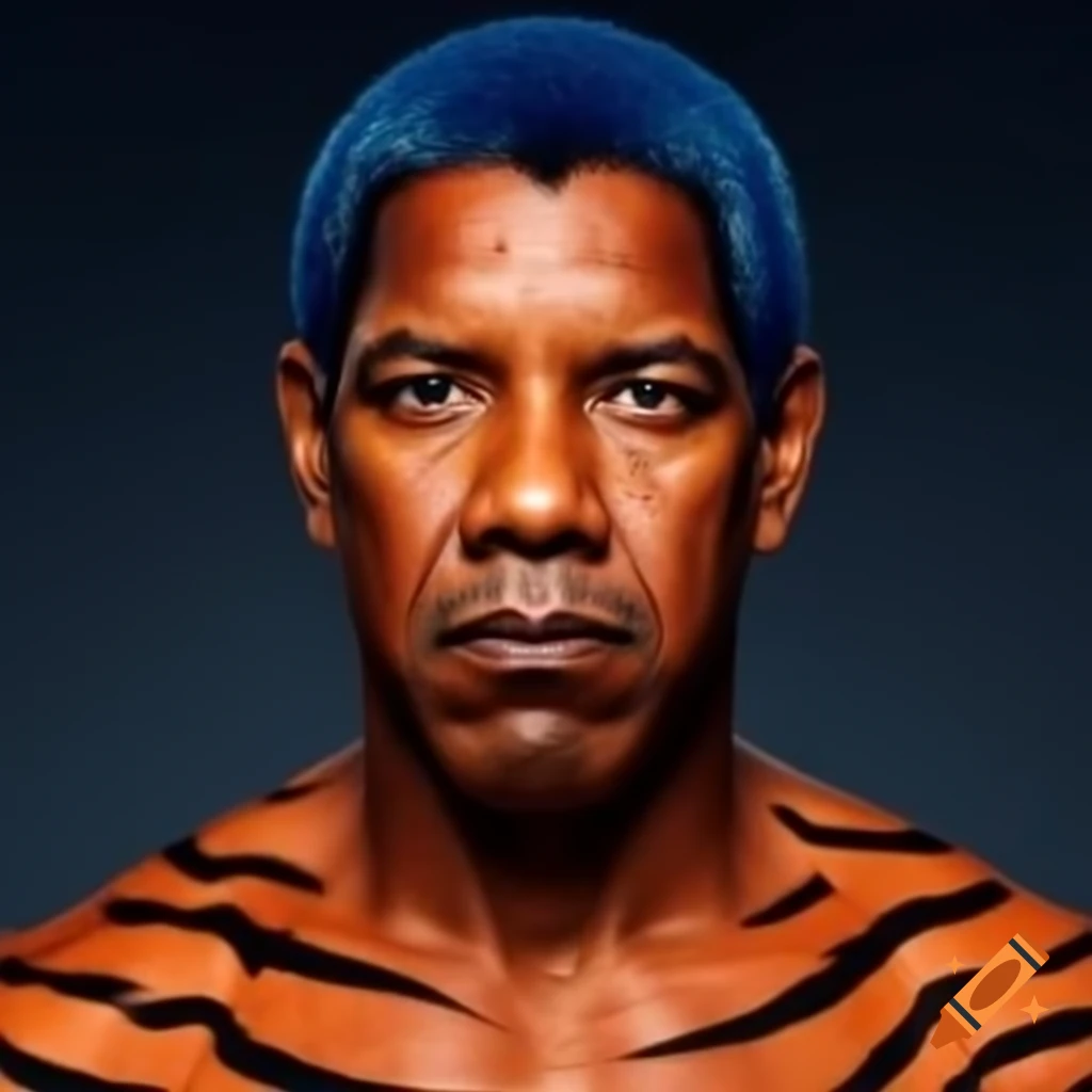 Muscular figure with tiger-style makeup featuring blue hair, orange skin, and black stripes