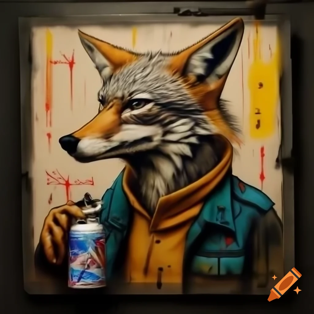 Graffiti artist with coyote head holding spray can