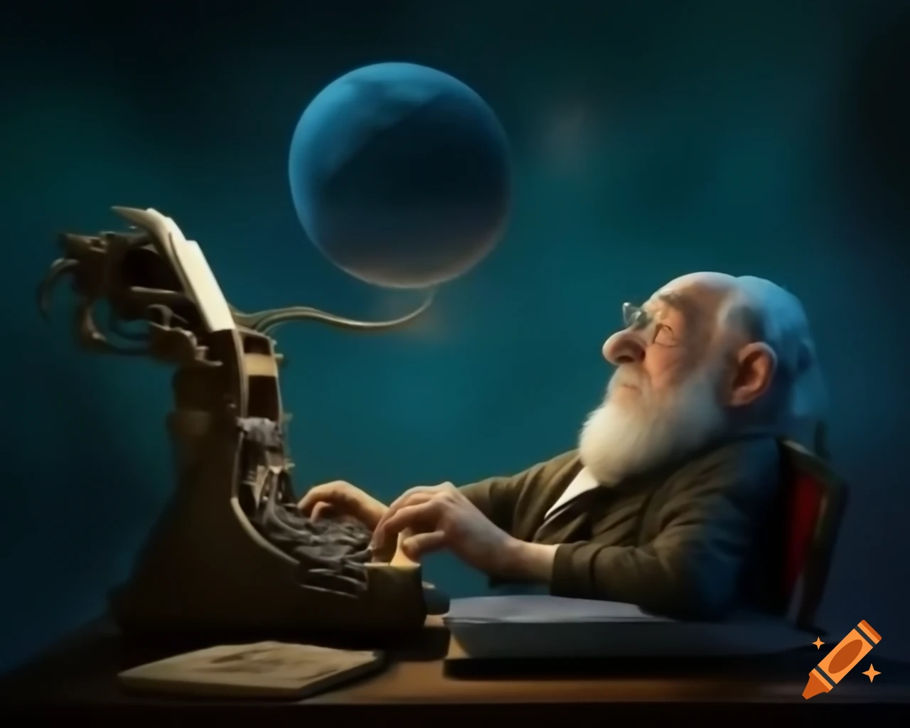 Puzzled man with beard at vintage typewriter converses with floating celestial body