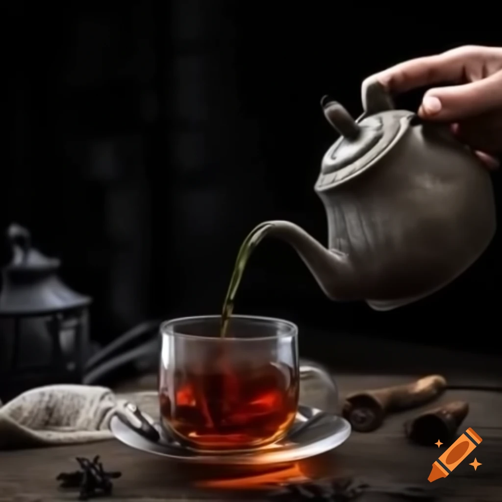Vintage tea pot pouring tea with gothic ambiance