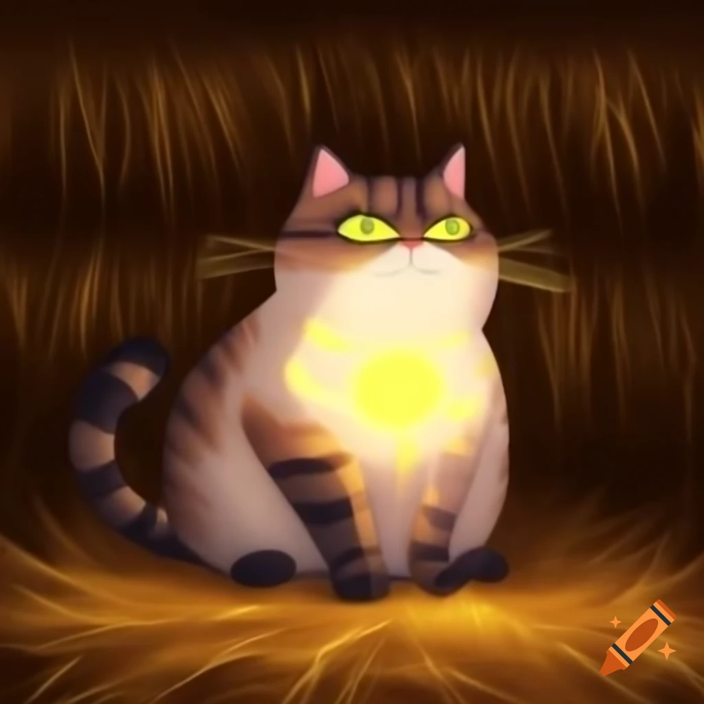 Tabby cat with white chest emitting strong light against haystack background