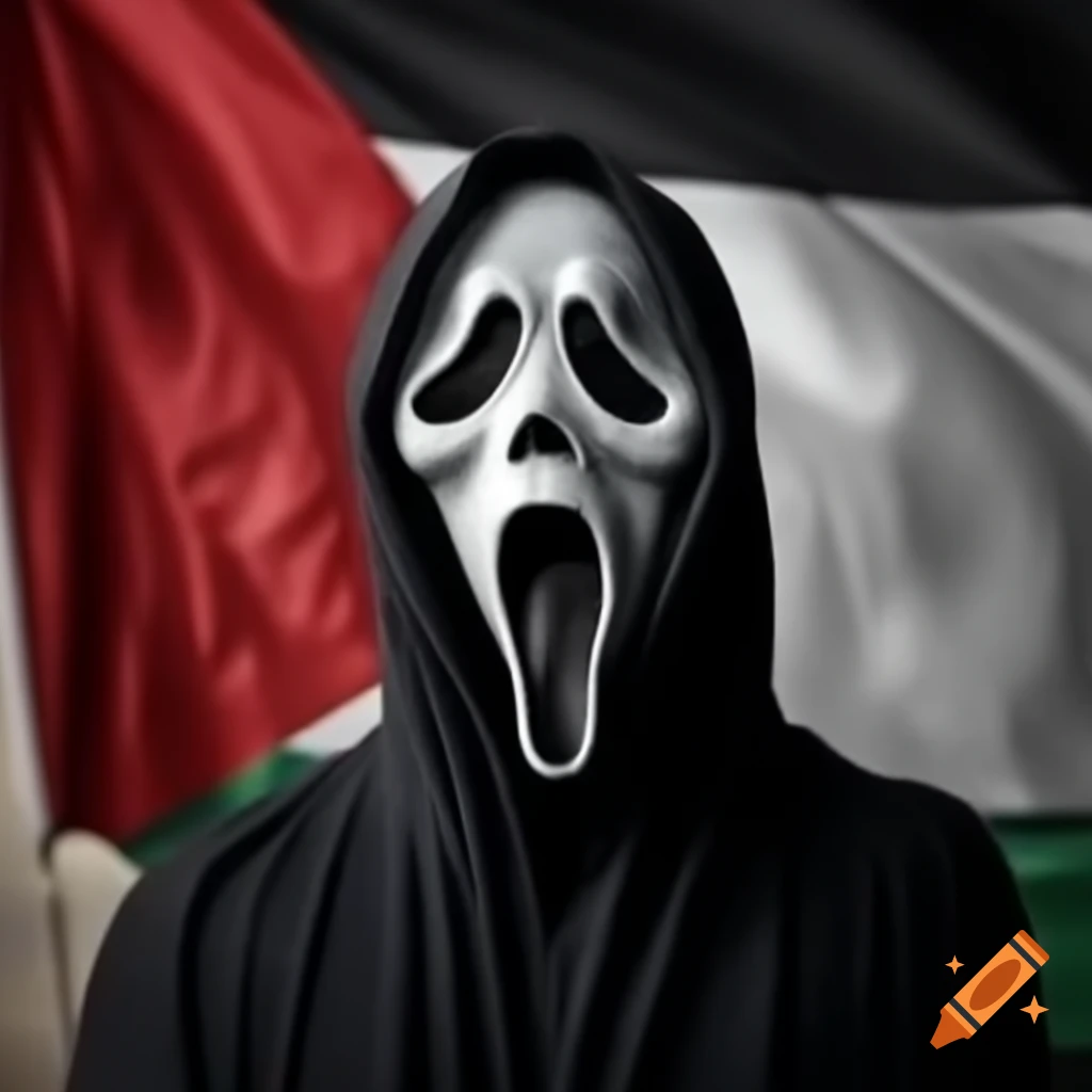 Ghostface character wearing Palestinian flag design