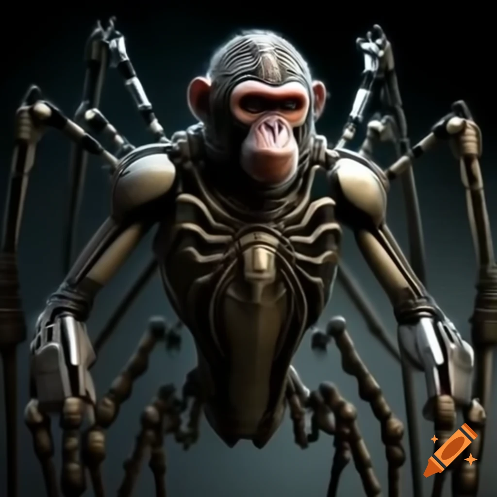 Cyborg spider monkey showcasing spider abilities