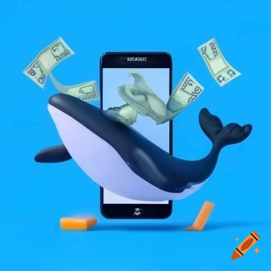 Cartoon whale using mobile phone to trade digital currencies