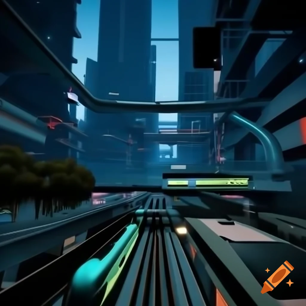 Retrofuturistic cityscape at twilight with neon lights