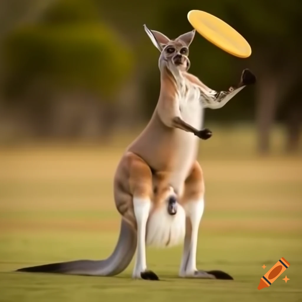 Australian kangaroo leaping through field of gold flakes with golden frisbee