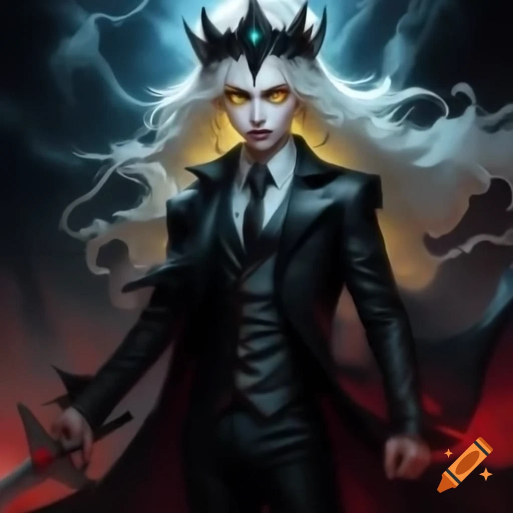 Vampire prince with long white hair, yellow eyes, and a sword in a black suit