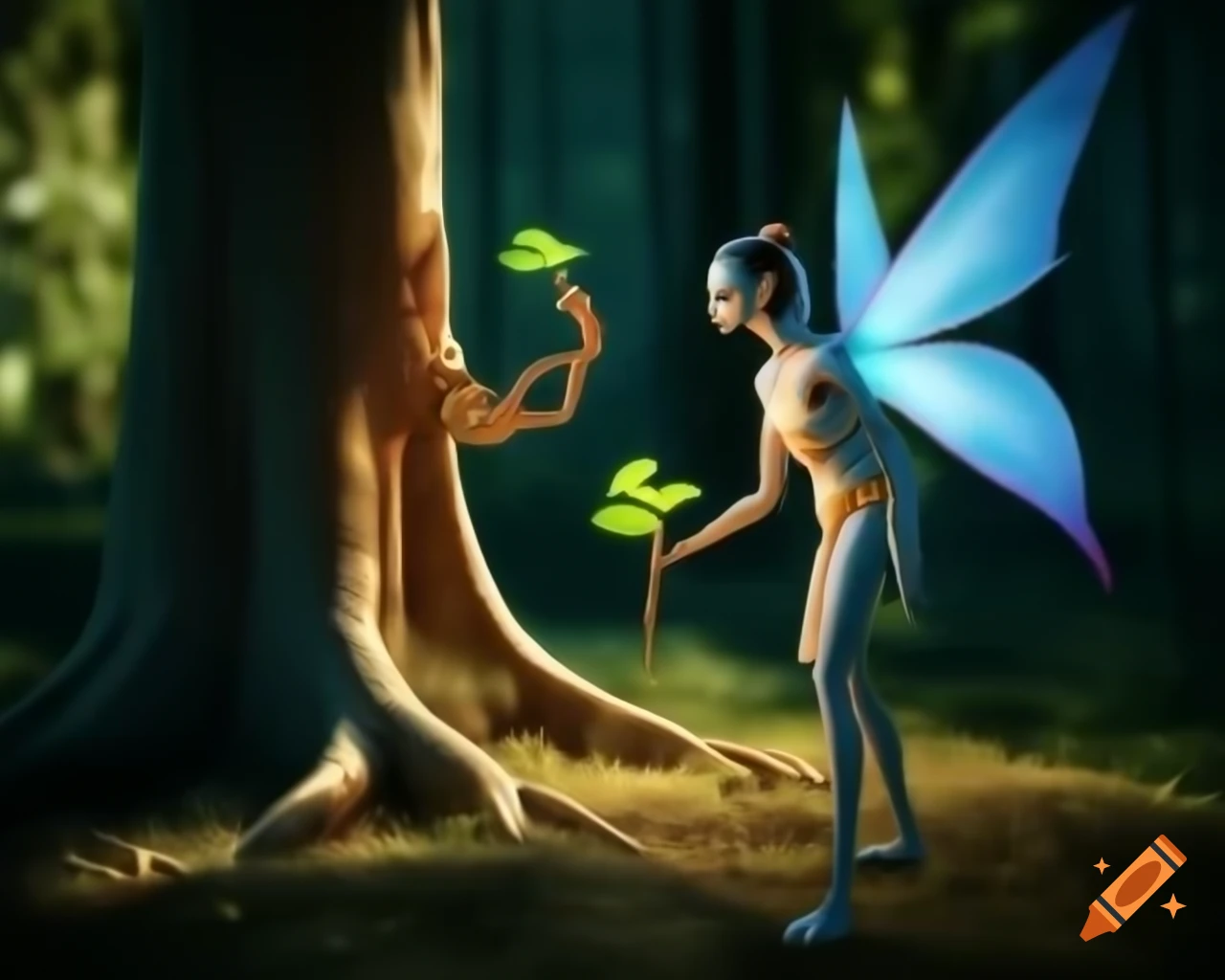 Photorealistic 3D render of a fairy beside a tree in a forest
