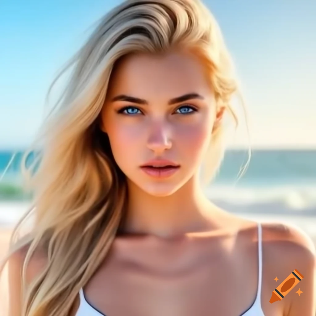 Young blonde woman with blue eyes on beach