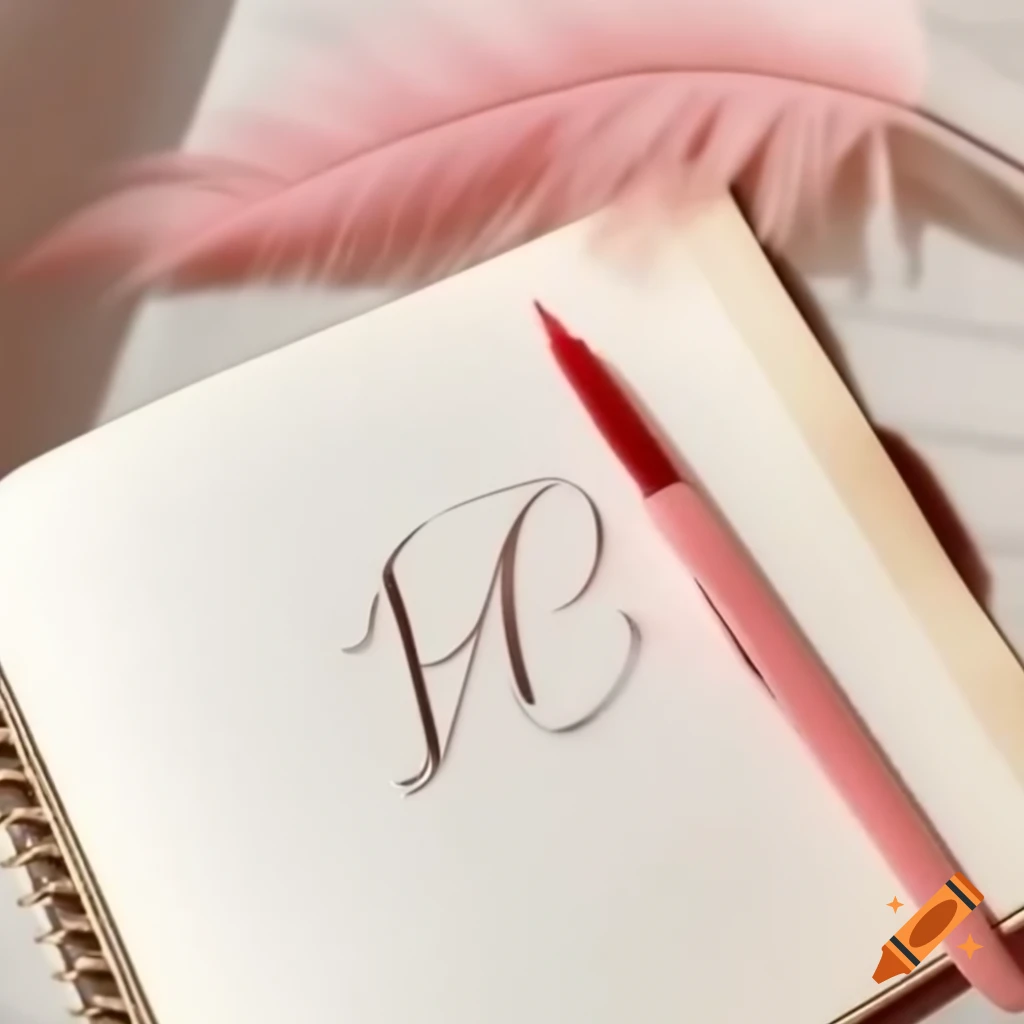 Hand with red nail polish writing letter B with pink quill pen on diary