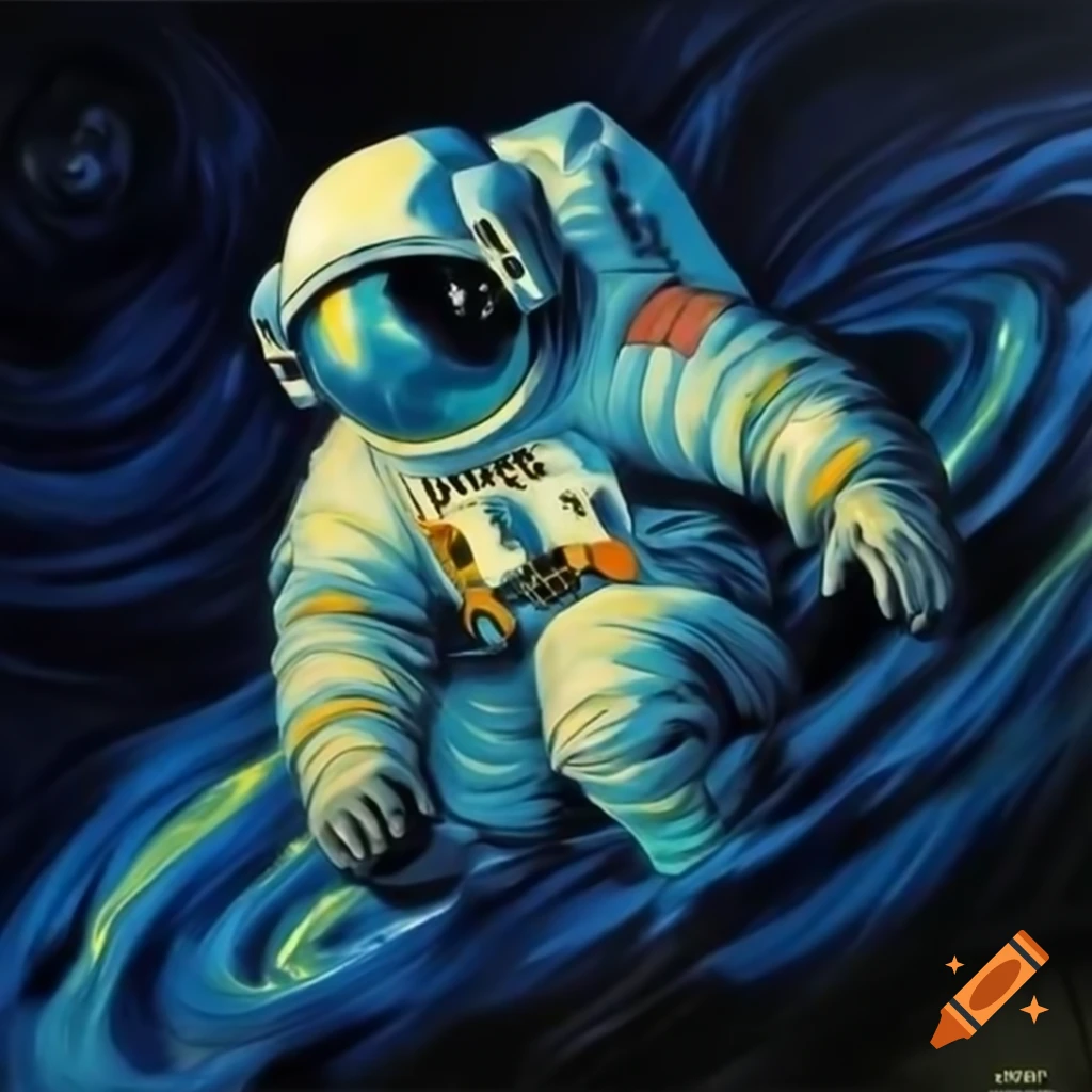 Ethereal astronaut swirling in vibrant colors against cosmic backdrop