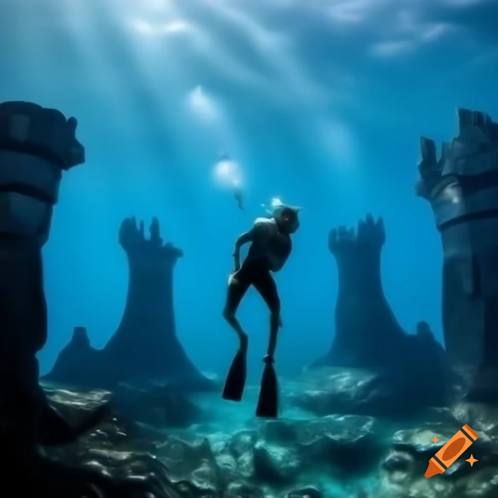 Snorkeler exploring stylized submerged ruins of Atlantis