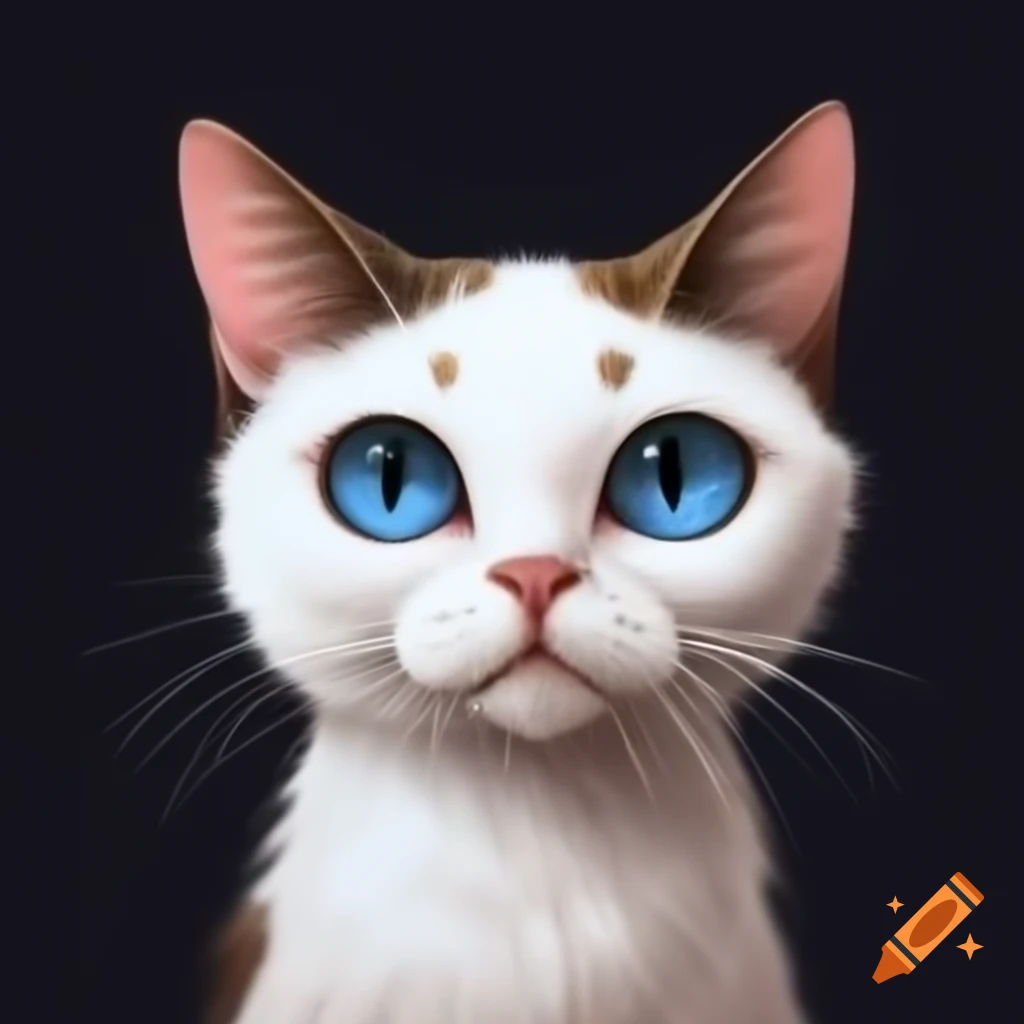 Art of a white cat with brown spots, blue eyes, and big ears