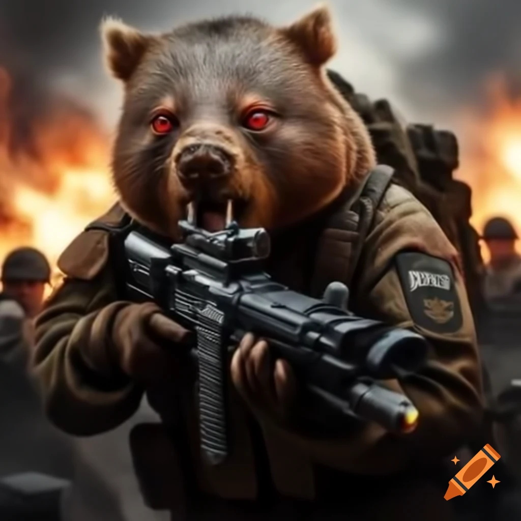 Wombat soldier in tactical gear firing gun in war zone