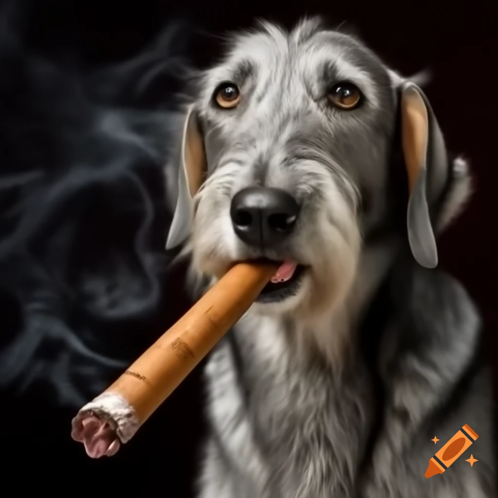 Playful wolfhound dog with whimsical cigar, showcasing canine charm