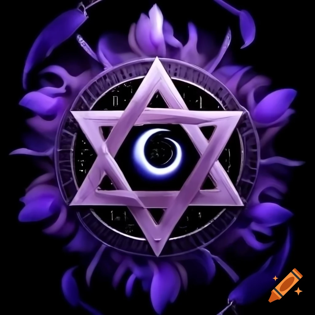 Magical purple pentagram adorned with feathers and crescent moon in the center