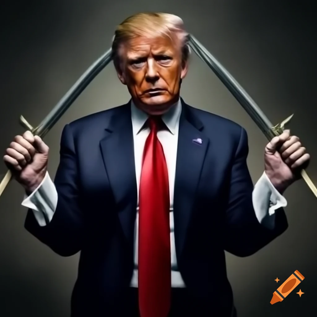Realistic depiction of Donald Trump and Barack Obama sword fighting