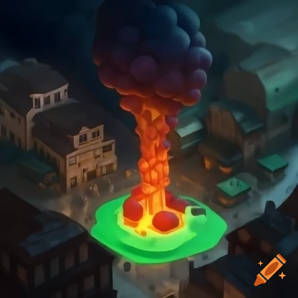 Eastern European city featuring large lava lamp with floating green bubbles in dark fantasy style
