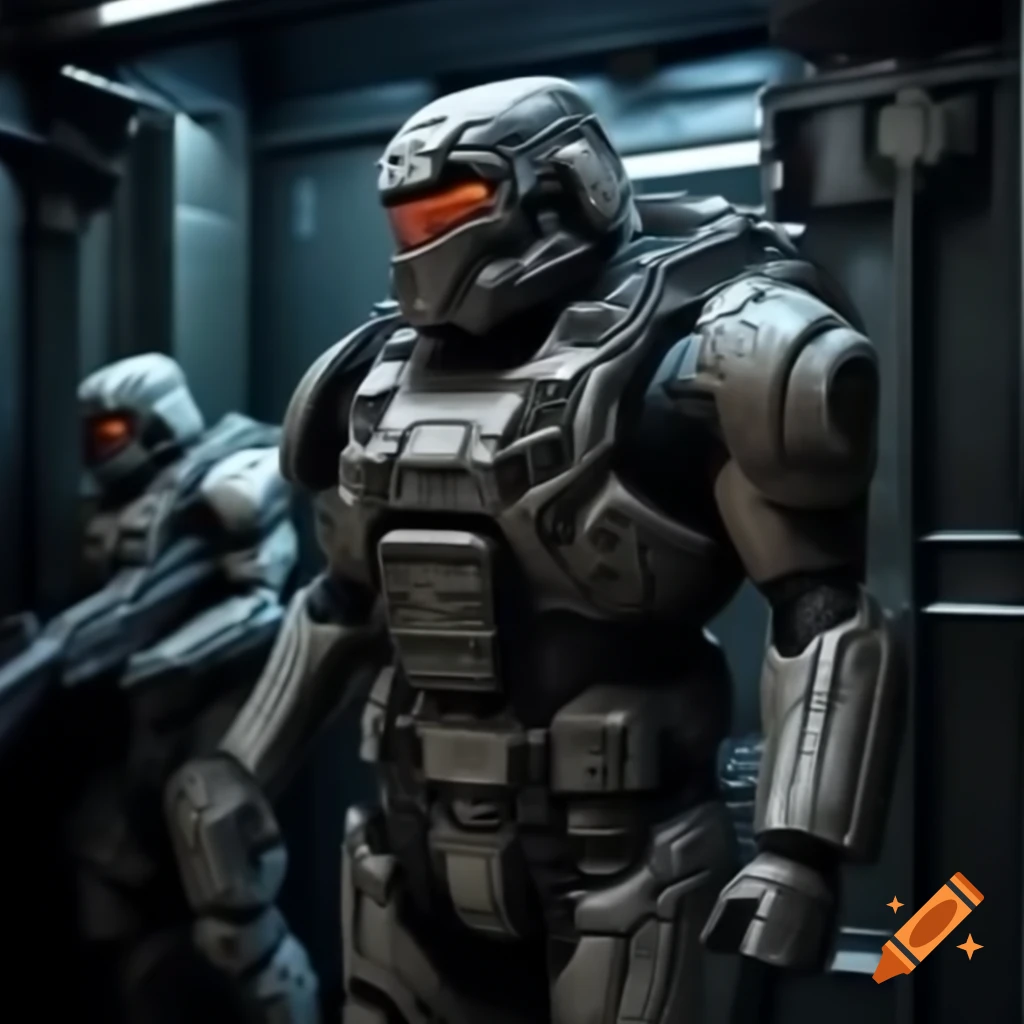 Futuristic elevator to the moon with soldiers in high-tech armor and rifles