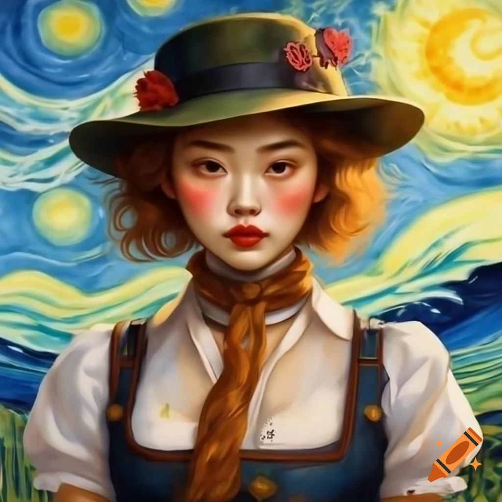 Portrait of Korean woman in Rockabilly attire, animated style with watercolor and Rembrandt influences