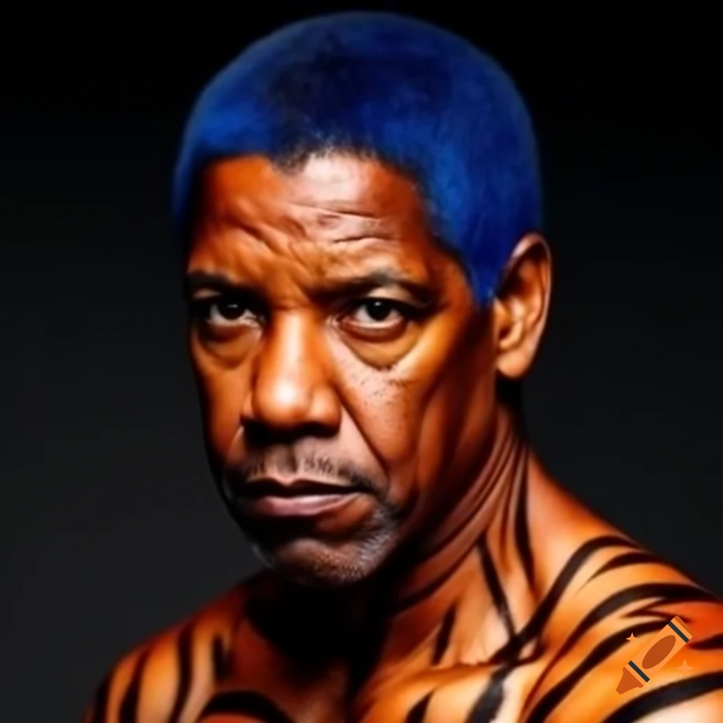 Muscular figure with tiger-style makeup featuring blue hair and orange skin with black stripes