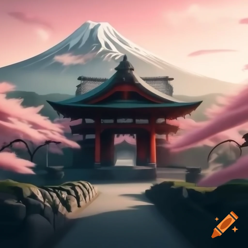 Shinto shrine with Mt. Fuji and cherry blossoms in heavenly style