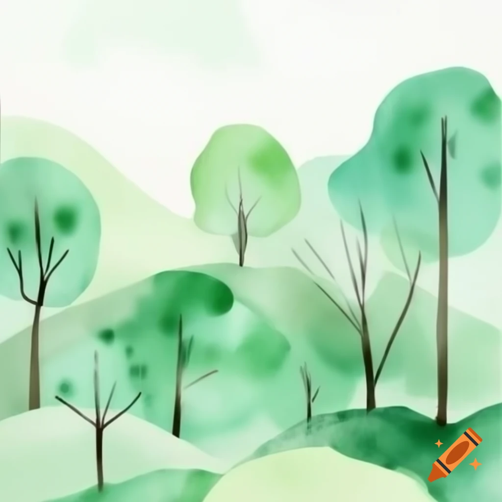 Watercolor art depicting green and white trees and nature
