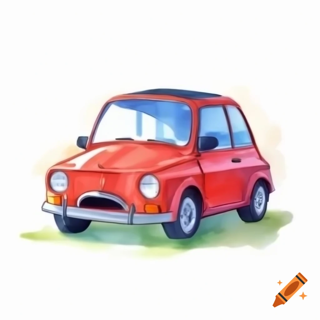 Cartoon-style red car on white background, watercolor effect