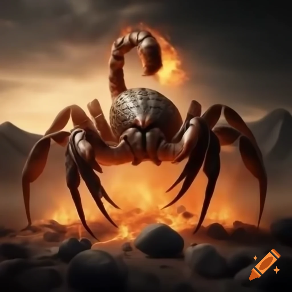 Giant scorpion in desert environment surrounded by flames