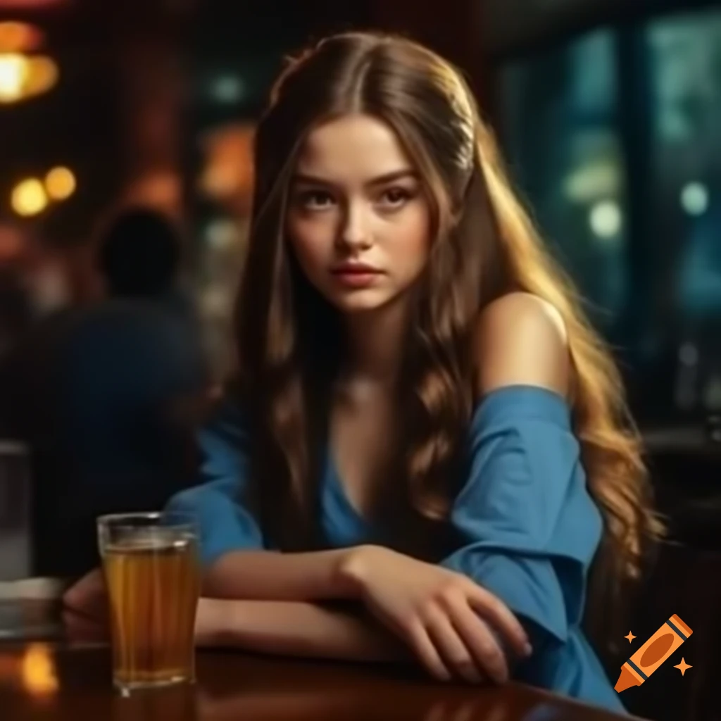 Young woman with long brown hair in blue dress sitting at a bar