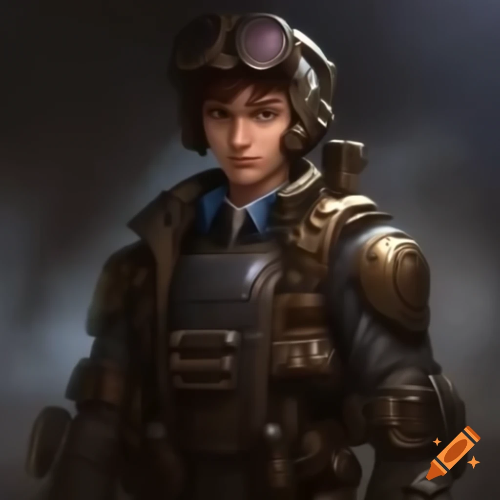 Half-body portrait of anime boy in steampunk uniform with jetpack