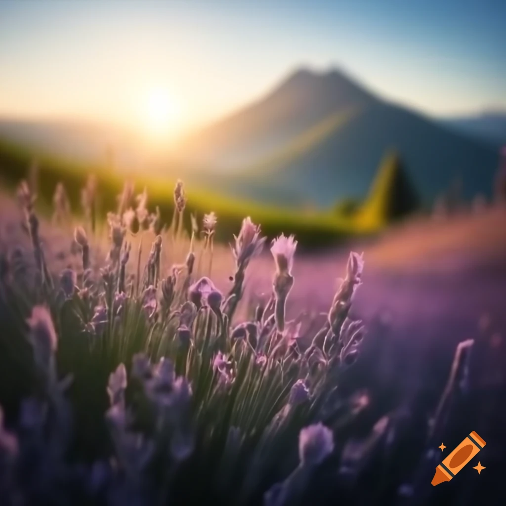 Thyme flower field illuminated by sunlight with mountains in the background