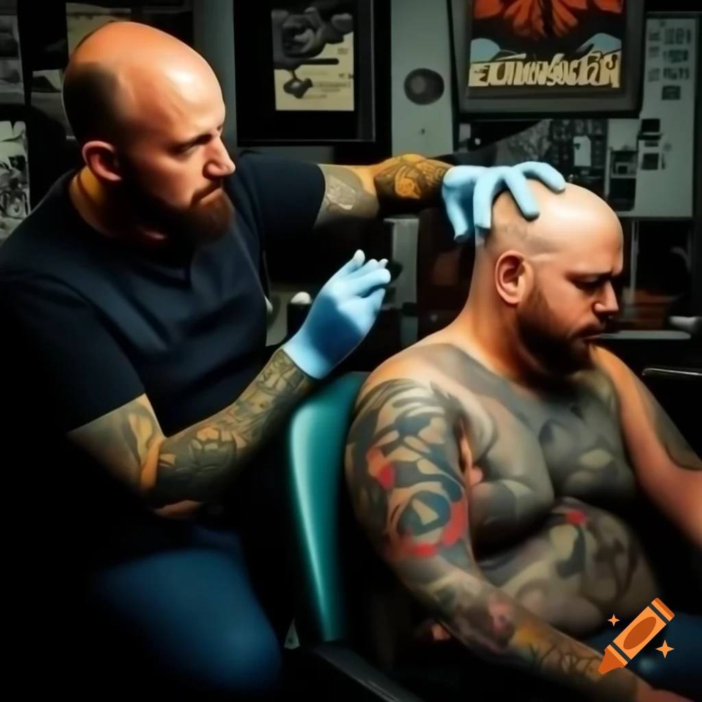 Bald man sitting in chair at tattoo shop with artist tattooing scalp