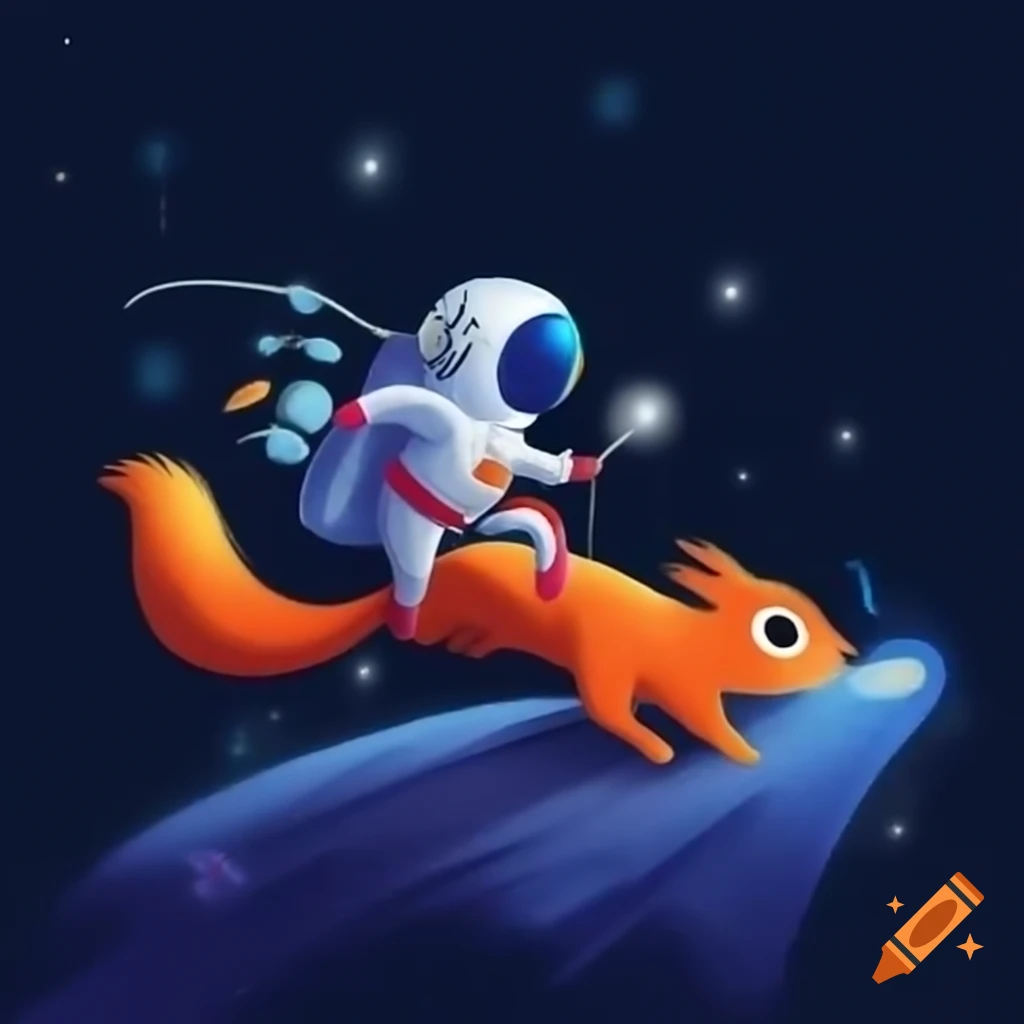 Colorful astronaut chasing friendly squirrel at night