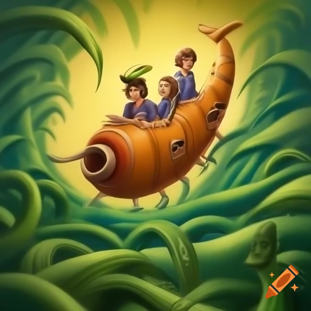 Surreal fusion artwork inspired by Beatles-era art featuring a whimsical yellow submarine